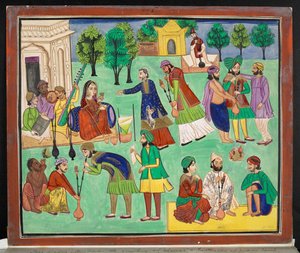 Gouache eines Amritsar-Künstlers, der das Rauchen von Charras darstellt, eine Art indischer Hanf, der aus Ostturkestan nach Nordindien importiert wurde von Indian School
