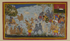 Hanumān und Vibhīṣaṇa bringen den verwundeten Lakṣmaṇa zu Rāma, der ihn heilt