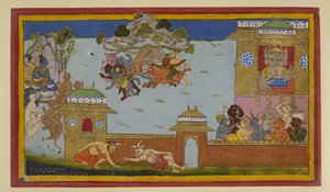 Hanumān wehrt Dämonen ab; Rāma und Rāvaṇa beobachten von Indian School
