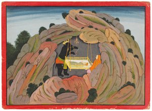 Illustration zum Bhagavata Purana: Jambavan gibt seiner Tochter das Symantaka-Juwel zum Spielen, ca. 1760-65