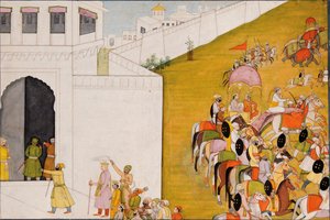 Illustration zum Ramayana: Rama betritt Mithila, um an einem Bogenschießwettbewerb teilzunehmen, ca. 1775-80