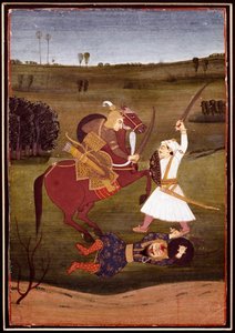 Indische Kunst: „Schlacht zwischen einem Prinzen zu Pferd und einem Krieger“ Miniatur der Schule von Bikaner (1765)
