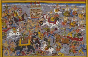 Indra kämpft gegen Ravana, der den Pushpaka-Wagen von seinem Elefanten Airavata aus reitet von Indian School