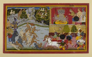 Indrajit greift unsichtbar an, während Affen und Rāma sich vorbereiten von Indian School
