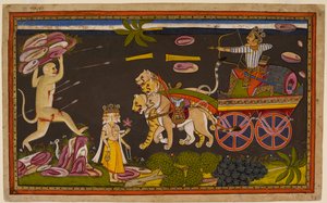 Indrajit kämpft gegen Hanumān, der sich gefangen nehmen lässt, um Rāvaṇa zu treffen, im Vertrauen auf den Schutz der Götter. 1653 (Miniatur) von Indian School