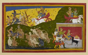 Indrajit kämpft, während Rama um Sitas Tod trauert, getröstet von Lakshmana und Vibhishana von Indian School