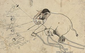 Isarda oder Kotah vorbereitende Zeichnung der Zähmung eines Elefanten, ca. 1720
