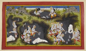 König Sagaras Söhne graben die Erde aus und finden vier tragende Elefanten von Indian School