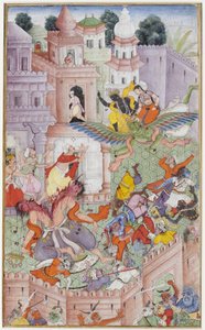 Krishna spaltet den Dämon Narakasura mit seinem Diskus, ca. 1585-90
