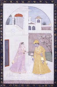 Krishna hält eine Lotusblüte, seine Geliebte in einem rosa Sari, ca. 1800