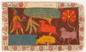 Krishna und Kühe an einem Teich, aus einem Bhagavata Purana von Indian School