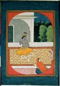 Krishna legt seinen Kranz ab; eine Illustration zum Sat Sai von Bihari Lal, 19. Jahrhundert von Indian School