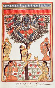 Krishna stiehlt die Kleider der Gopi, die im Fluss Yamuna schwimmen von Indian School