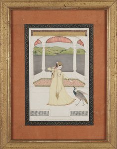 Dame, die einen Pfau mit einer Perlenkette lockt, ca. 1800 von Indian School