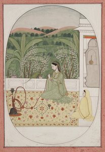 Dame auf einer Terrasse mit einer Wasserpfeife, ca. 1770 von Indian School