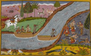 Lakshmana bittet Sita um Vergebung, als sie beim Überqueren des Ganges in Ohnmacht fällt von Indian School