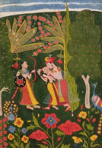 Liebende, die sich in einem Wald umarmen, Bundi, ca. 1650 (Gouache auf Pergament)