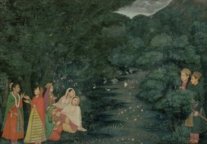 MS 34.17 Frauen und ein Kind an einem Bach im Wald bei Nacht, beobachtet von zwei Edelleuten, Lucknow, Schule von Mihr Chand, ca. 1760 von Indian School