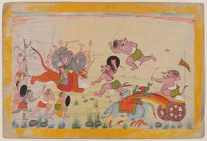Mahasura greift die Devi an, Folio aus einer verstreuten Devi Mahatmya Serie, ca. 1770-80 von Indian School