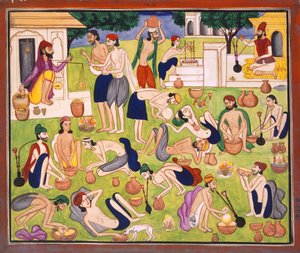 Männer rauchen Opium, sitzen oder liegen auf dem Boden, ca. 1870