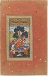 Mongolischer Häuptling und Gefolge, Folio aus dem Gulshan-Album (Rosengarten-Album), ca. 1600 von Indian School