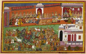 Affen, Bären und andere versammeln sich, als Rama abreist, mit Begleitern, die das Opferfeuer tragen von Indian School