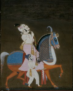 Adliger von Mewar reitet auf Mrigarao mit einem Begleiter zu Fuß, 1820 von Indian School