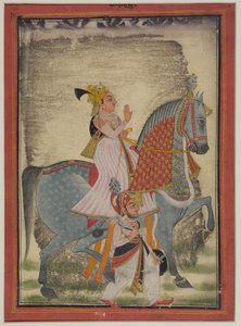 Adliger von Mewar reitet auf Nur, begleitet von einem Sais zu Fuß, 1820 von Indian School