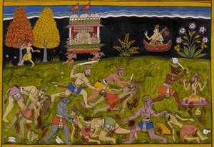 Nārada drängt Rāvaṇa, Yama herauszufordern, anstatt Sterbliche, während Dämonen Wald-Rishis verwüsten von Indian School