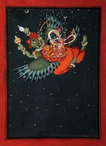 Auf den Flügeln von Garuda: Krishna und Satyabhama fliegen durch den Nachthimmel, ca. 1750 von Indian School