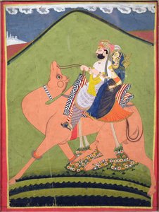 Porträt von Salim Singh von Pokaran, auf einem Kamel reitend mit seiner Rani, Jodhpur von Indian School