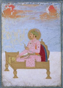 Porträt des Kaisers Jahangir auf einem Thron sitzend, einen Sarapesh haltend, Mughal