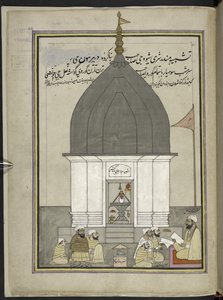 Priester und Gläubige am Shiva-Tempel, Srinagar, 86 Zeichnungen in einem Band, der Berufe und Tätigkeiten in Kaschmir darstellt, Handwerker bei der Arbeit mit ihren Werkzeugen und Ausrüstungen, von einem Kaschmir-Künstler, wahrscheinlich in Srinagar, ca. 1