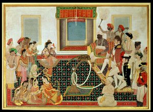 Prinz Mahadaji Sindhia unterhält einen britischen Armeeoffizier und einen Marineoffizier mit einem Nautch, ca. 1820 von Indian School