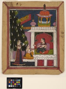 ? Raga: Ein kniender Mann bietet einer Dame in einem Pavillon ein Buch an von Indian School