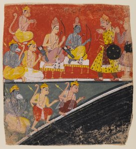 Rama und Lakshmana empfangen Gesandte, Seite aus einer verstreuten Ramayana-Serie, ca. 1634 von Indian School