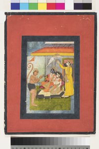 Rama und Sita auf dem Thron, verehrt von Hanuman; Lakshmana hält einen Morchal