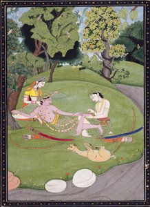Rama lehnt sich gegen Sita, während sein Bruder Laksman einen Dorn aus seinem Fuß zieht, 1845 von Indian School