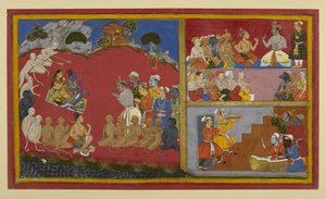 Rāma akzeptiert Huldigung, wartet aber auf die Rückkehr nach Ayodhyā; Vibhīṣaṇa veranstaltet einen Durbar für Affen- und Bärenführer von Indian School
