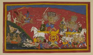 Rāma greift vom Rücken Hanumāns an; Rāvaṇa zieht sich verwundet zurück von Indian School