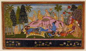 Rāma, in seinem Tigerfell, verbringt drei Tage damit, den Ozean anzuflehen, aber er bleibt unempfänglich. um 1653 (Miniatur) von Indian School