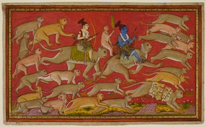 Rama organisiert seine Armee aus Affen und Bären, mit Hanuman als Reittier und Lakshmana reitet auf Angada von Indian School