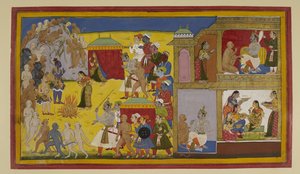 Rama weist Sita zurück; sie bittet, ihre Keuschheit durch Feuer zu beweisen von Indian School
