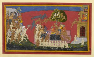 Rama schickt Angada, um Ravana herauszufordern, während Affen sich Lanka nähern von Indian School
