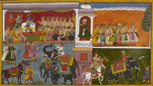 Rama schickt Höflinge, um Gerüchte über Sita zu untersuchen, die auf Pferden und Elefanten abreisen von Indian School