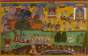 Rāma besucht den Weisen Agastya in der Dandaka-Wüste, der ihn einlädt, die Nacht zu bleiben von Indian School