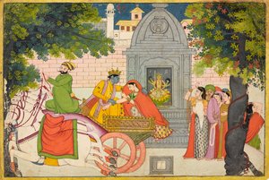 Rukmini flieht mit Krishna, Folio aus einem Bhagavata Purana, ca. 1780 von Indian School