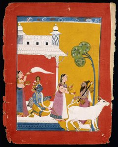 Rukmini bietet dem Weisen Narada Wasser an, während ihr Gemahl Krishna in ihrem Haus sitzt, ca. 1725-1730 von Indian School
