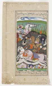 Rustam hebt Afrasiab aus seinem Sattel an seinem Gürtel, ca. 1790
