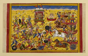 Ravana kämpft ein Jahr lang gegen die Nivatakavacas, bis Brahma eingreift und sie Frieden schließen von Indian School